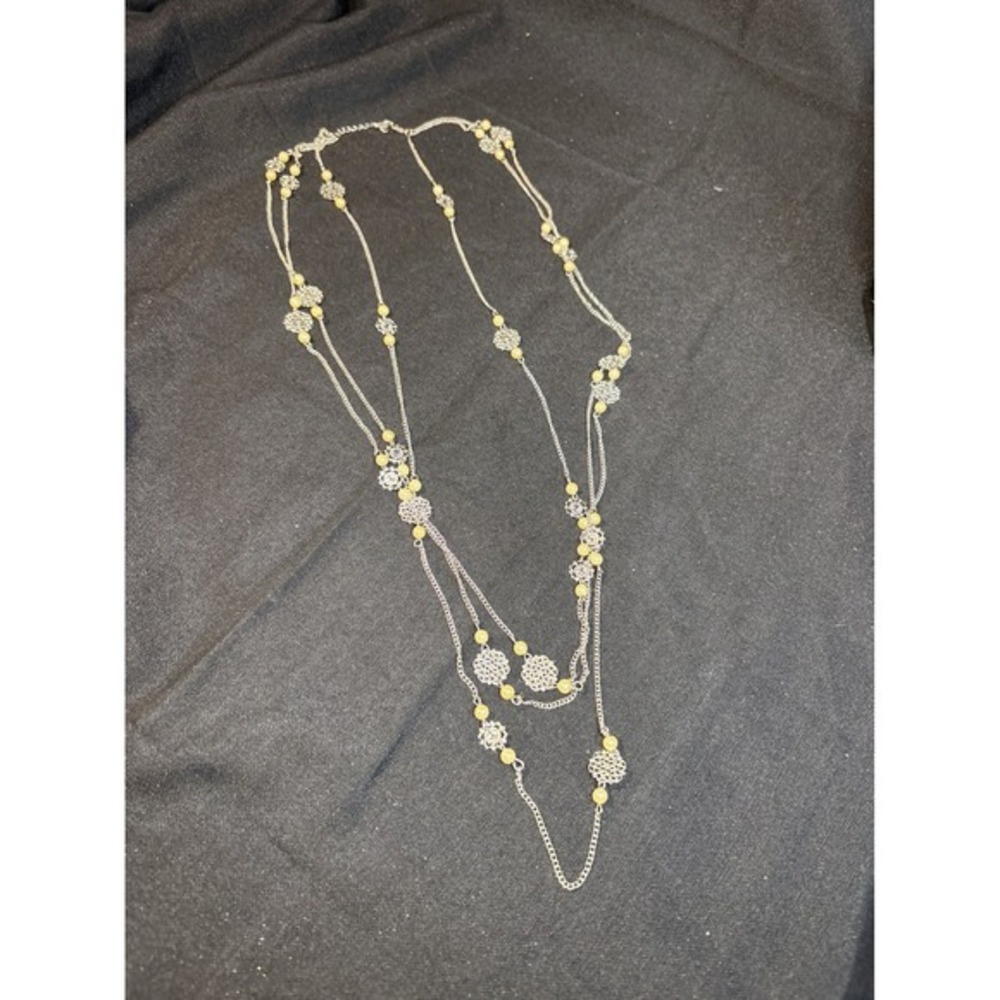 Silver Tone Layered Necklace With Faux Pearl And Filigree Flower‎ Charms
